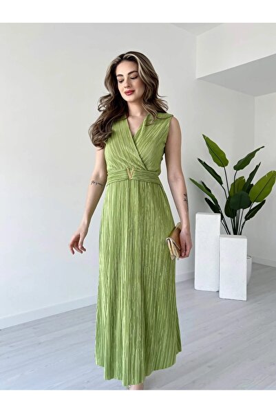 Lusin Women's Zero Sleeve Green Stylish Waist Detailed Double Breasted Collar Lined Summer Dress