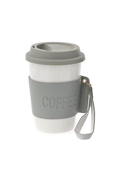 PUFO Cană de călătorie ceramică Love Coffee cu protecție termică pentru cafea sau ceai, 415 ml, alb/verde