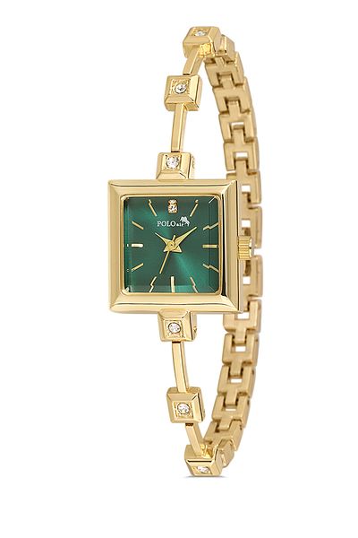 Polo Air Square Case Stone Cord Women Wrist Watch Gold Green Color Pl-1543B3X