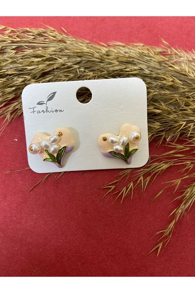 sema aksesuar Pearl Detailed Flower Motif Heart Design Art Earrings - Heart Earrings - Gift