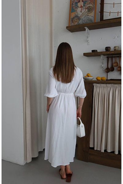 Ekim Store Lace-Up Muslin Degaje Collar Long Dress