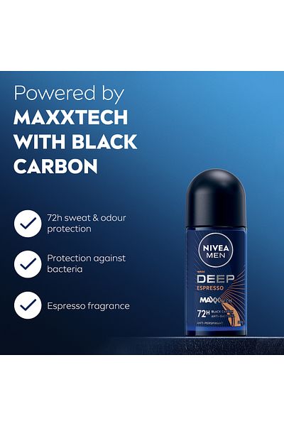 NIVEA MEN DEEP Black Carbon Espresso, Antiperspirant for Men, Roll-on 50ml, Pack of 2