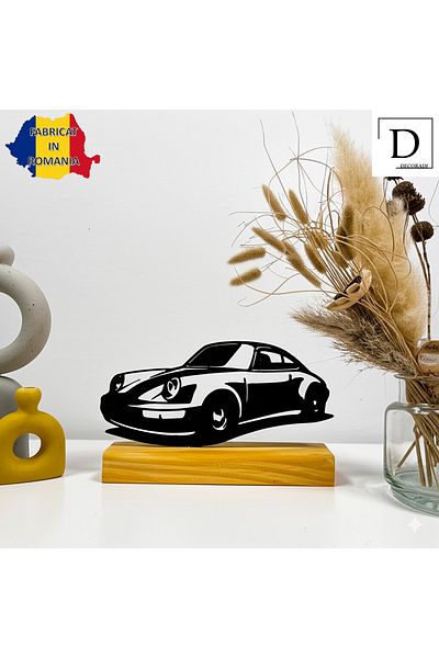 OEM "911 Legend '80s" decoration with natural wood base, 9 cm, black, 3D printed