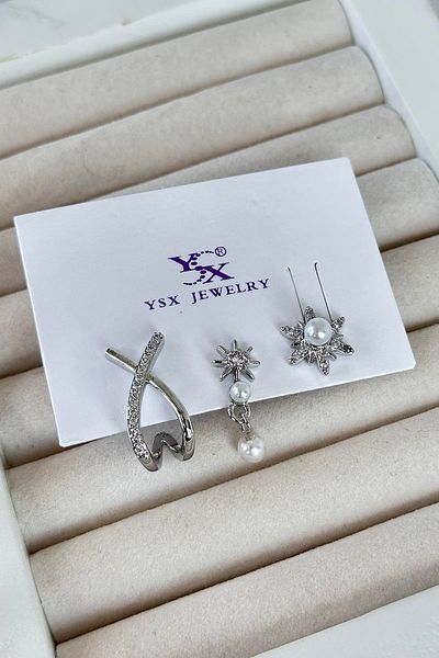 TAKIŞTIR مجموعة أقراط YSX VIP مكونة من 3 قطع مع تفاصيل اللؤلؤ والحجر باللون الفضي