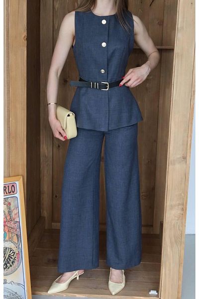 Ekim Store Linen Belted Vest Blazer Suit