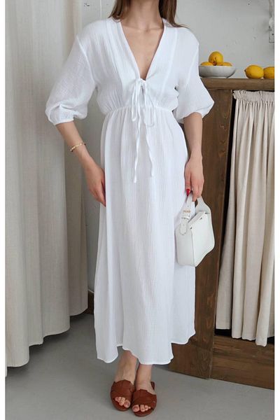 Ekim Store Lace-Up Muslin Degaje Collar Long Dress