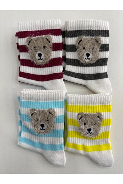 Forever Pack of 4 Mixed Teddy Bear Patterned Striped College Tennis Socks