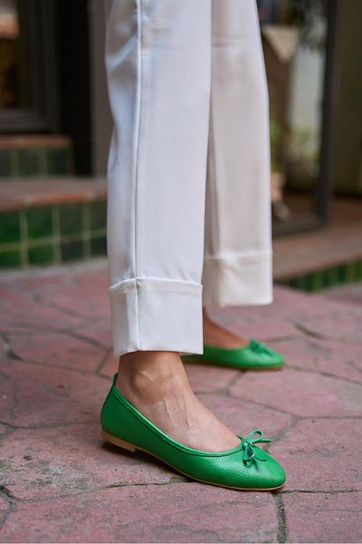 kalyoncu moda Jennifer Real Leather Green Colored Women's Short Ballerinas