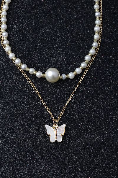 BY BARUN SİLVER Pearl White Butterfly Chain Beaded Fimo Necklace