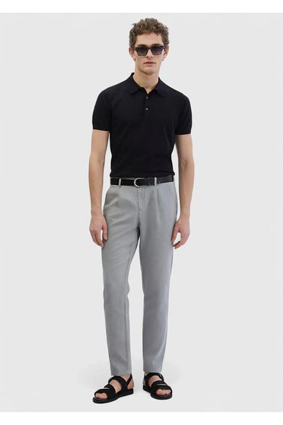 Ramsey Gray Plain Woven Casual 100% Linen Trousers