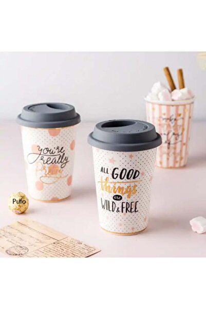 PUFO ceramic travel coffee mug with silicone lid, 415 ml, You're pretty model