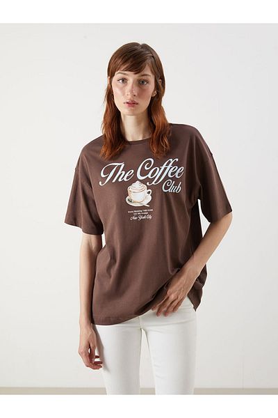 LC Waikiki Brown Crew Neck Printed Oversize Women's T-Shirt