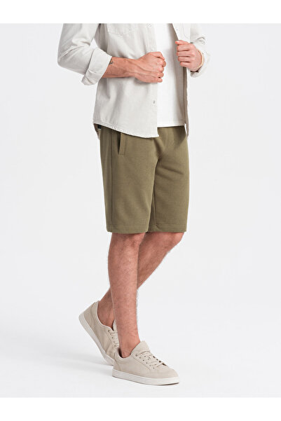 OMBRE Pantaloni scurți de trening BASIC din bumbac pentru bărbați - măsliniu V2 OM-SRBS-0149 L