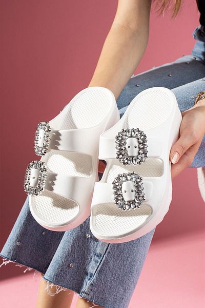 FUGA MODA Mavira White Double Striped Full Stone Buckle Detailed Polyurethane Wet Floor Slippers