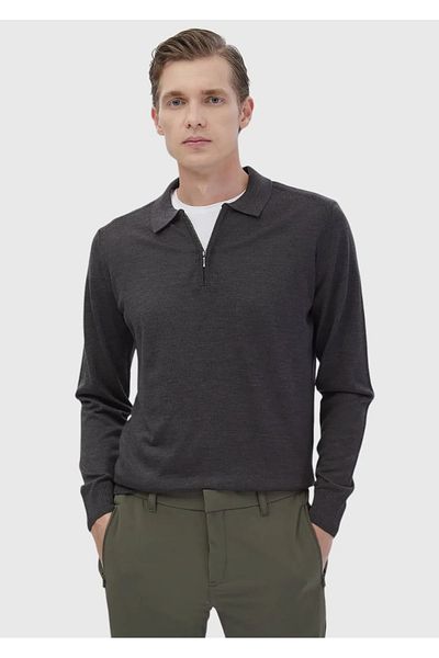 Ramsey Anthracite Polo Collar Plain Knitted Wool Blended Knitwear