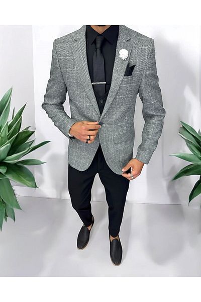 dehaine Men's suit, jacket, pants, vest, plaid, gray, 13203