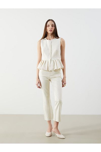 LC Waikiki Ecru Crew Neck Textured Blouse
