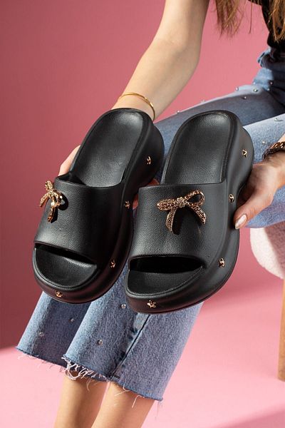 FUGA MODA Sofina Black Polyurethane Wet Floor Slippers with Gold Bow Detail and Star Accessories
