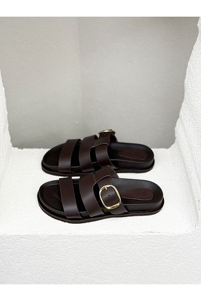 NUR KARACA 25Y5608 Buckle Detail Banded Khaki Leather Flat Sole Slippers for Women