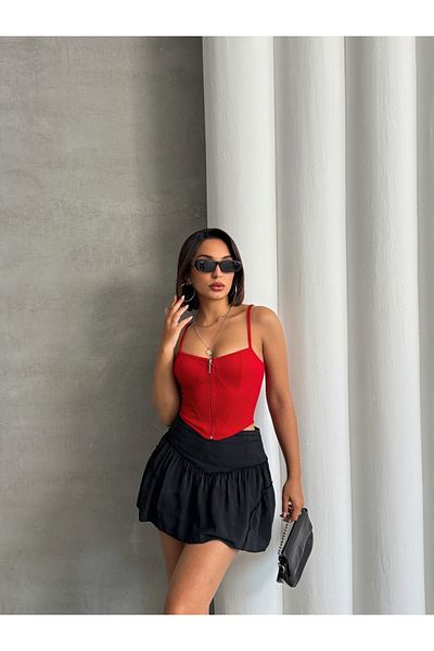 Miss Prova Zippered Strap Ribbed Blouse Missblz8090
