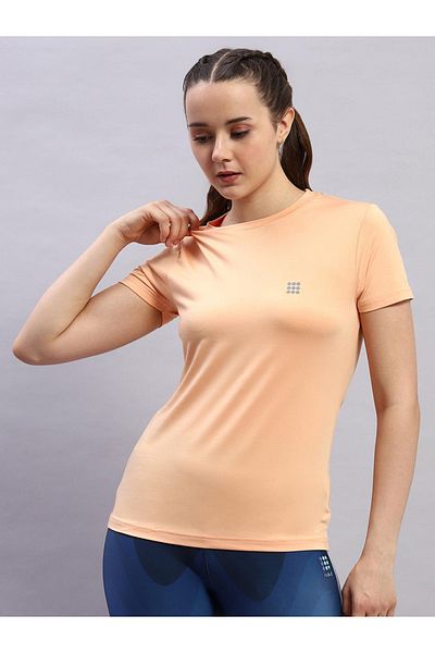 Rock.it By Styli Women Peach Solid Round Neck Short Sleeve Top