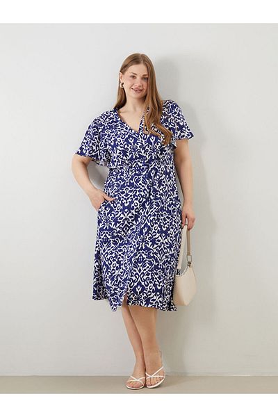 LC Waikiki Blue V-Neck Patterned Women's Shirt Dress