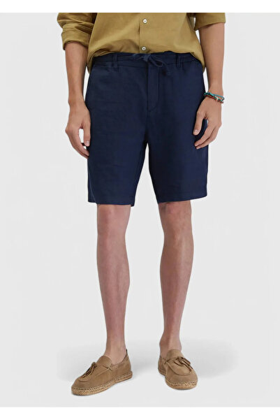 Ramsey Navy Blue Plain Woven Carrot Fit Casual 100% Linen Bermuda