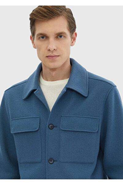 Ramsey Σκούρο μπλε μονόχρωμο μπλουζάκι casual με υφαντό μαλλί με ανάμειξη