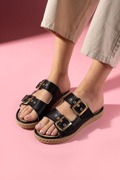 FUGA MODA Danver Black Double Striped Gold Buckle Detailed Slippers