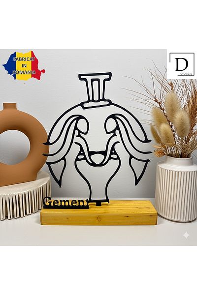 OEM Zodiac decoration "GEMINI" with natural wooden base, 18.5 cm, black, 3D printed