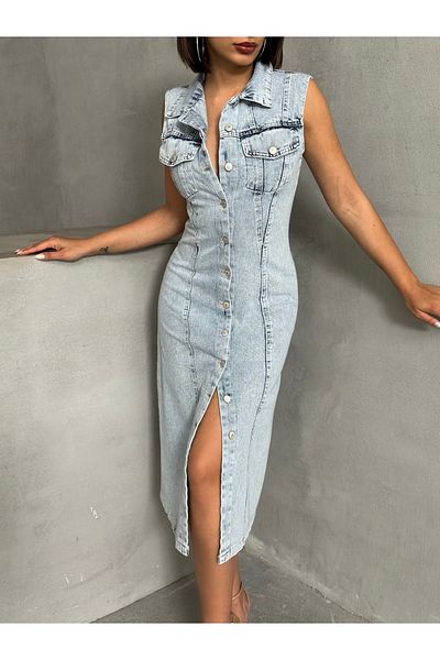 Miss Prova Shirt Collar Zero Sleeve Button Snow Wash Summer Denim Dress Misselb3575