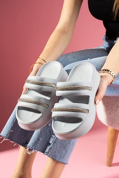FUGA MODA Luxora Gray Eva Stone Striped Double Striped Polyurethane Wet Floor Slippers