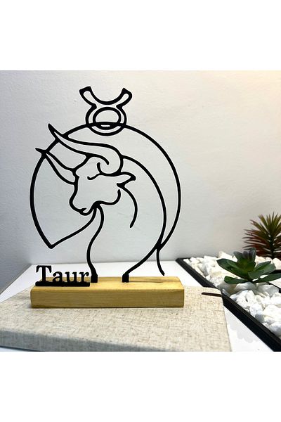 OEM Zodiac decoration "TAURUS" with natural wooden base, 19.5 cm, black, 3D printed