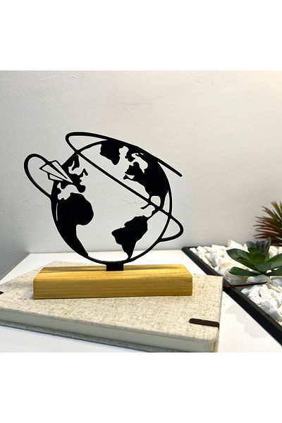 OEM "Around the World" decoration with natural wood base, 15 cm, black, 3D printed