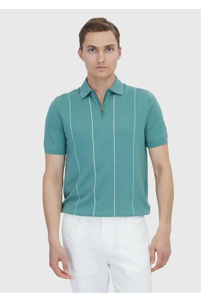 Ramsey Green Polo Neck Striped Cotton Blend Knitwear