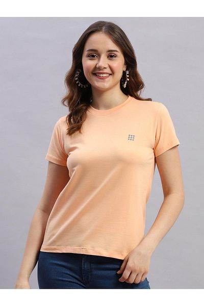 Rock.it By Styli Women Peach Solid Round Neck Short Sleeve Top