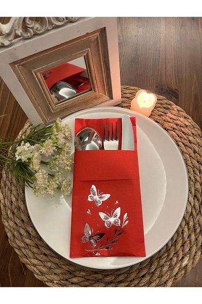 kidspartim Silver Gilded Red Butterfly Leaf Detailed Pocketed Kangaroo Napkin 12 Pieces