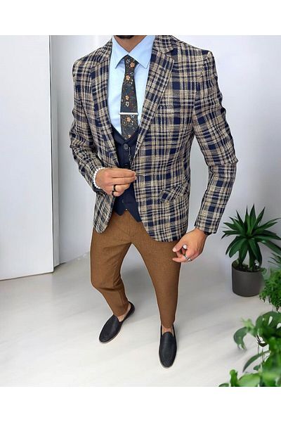 dehaine Men's suit, jacket, pants, vest, checked, brown, 13200