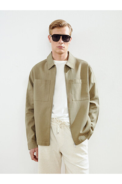 LC Waikiki Green Slim Fit Shirt Collar 100% Linen Men's Coat