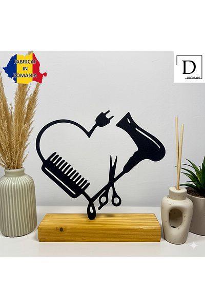 OEM "Stylist's Heart" decoration with natural wood base, 14 cm, black, 3D printed