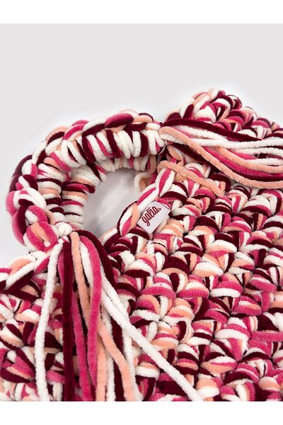 Galia Tasarım Blush Bloom – Hand Knitted Velvet Drawstring Bag (Pink & Cream Tones)