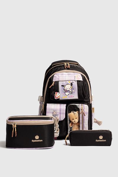 Relaxion Rlx-1395 Set de 3 ghiozdane pentru școală primară pentru copii, cu suport pentru stilouri, cutie de prânz, rucsac NEGRU VIOLET
