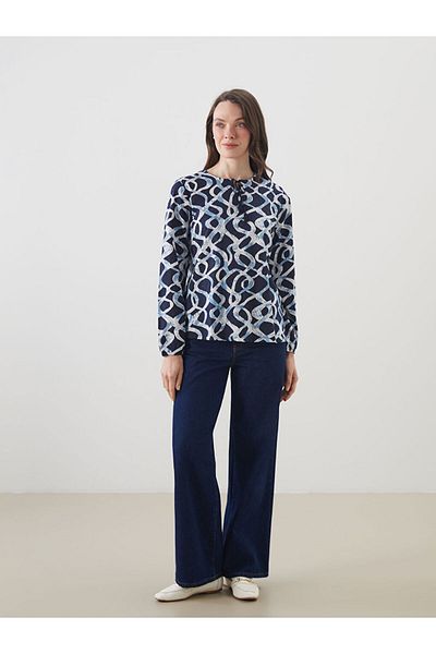 LC Waikiki Grace Navy Blue Tie Collar Patterned Women's Blouse