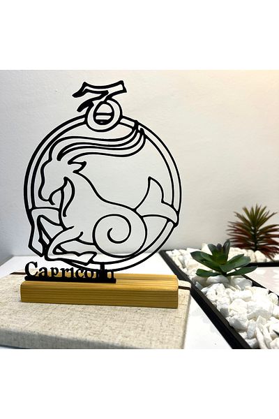 OEM Zodiac decoration "CAPRICORN" with natural wooden base, 19 cm, black, 3D printed