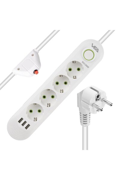 VEA VA-21560 4'lü 3 USB'li 1.5 Metre Akım Korumalı Priz Beyaz