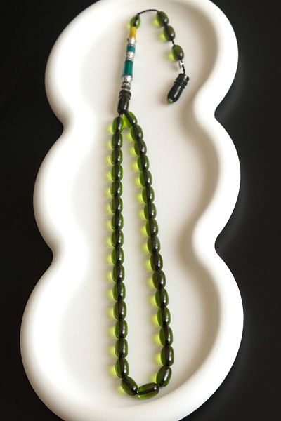 CessNova Certified 33-Piece Green Crimping Amber Nakkaş Imameli Special Prayer Beads