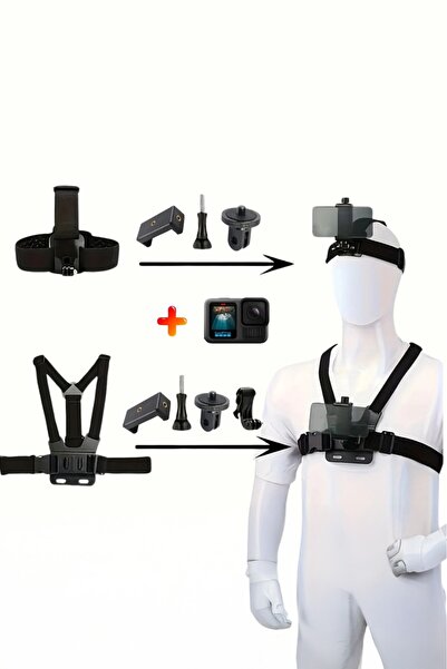 Techmaster GoPro Aksiyon Kamera ve Telefon ile Uyumlu Kafa ve Göğüs Bandı Askı Seti