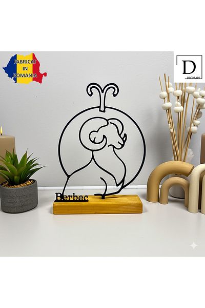 OEM Zodiac decoration "ARES" with natural wood base, 19.5 cm, black, 3D printed