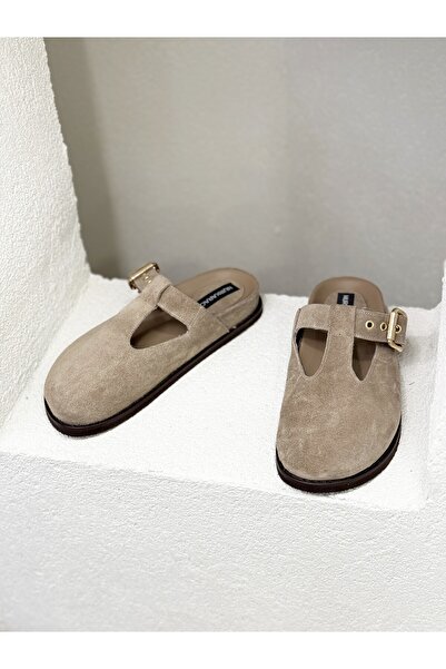 NUR KARACA 25Y9137 Closed Front Khaki Leather Flat Sole Slippers for Women