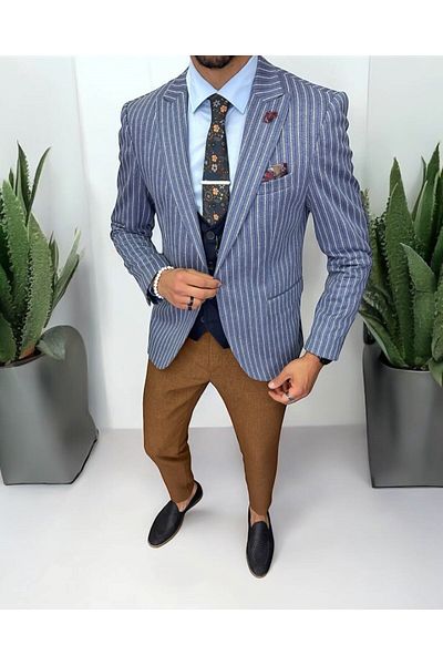 dehaine Men's suit, jacket, pants, vest, plaid, blue, 13204
